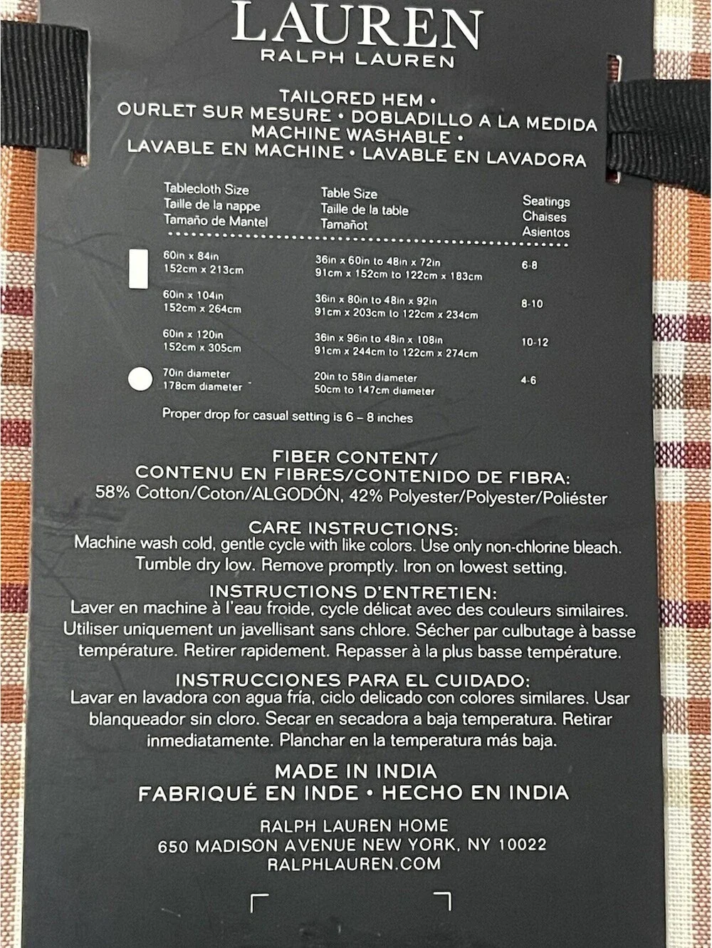 RALPH LAUREN Tablecloth 60x84 Orange Tartan Plaid Autumn Fall Cotton Oblong NIP
